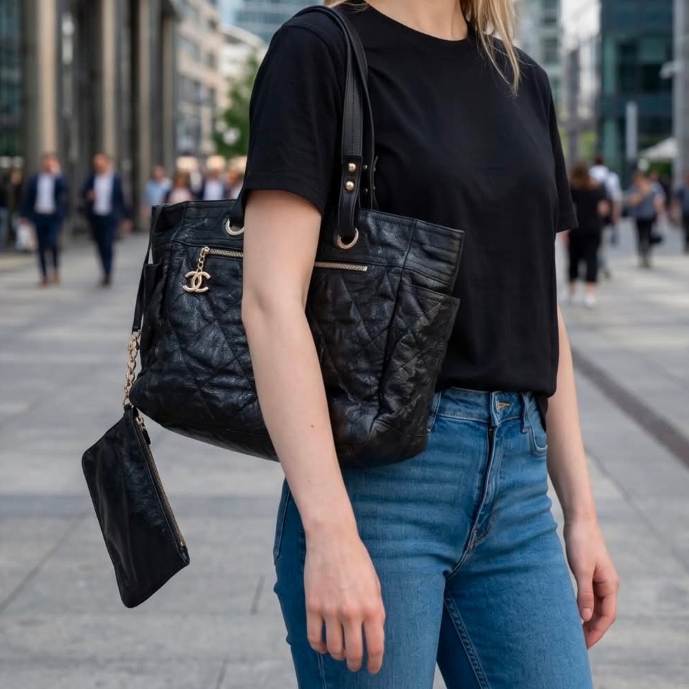 Chanel Paris Biarritz Matelasse Leather Black Tote Bag W/Pouch - Picture 3 of 16